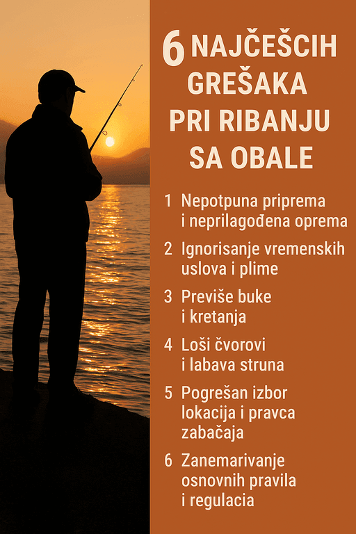„6 grešaka pri ribanju sa obale uz siluetu ribara u zalazak sunca.“