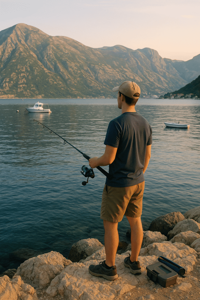 Beginner using spinning fishing rod for shore fishing