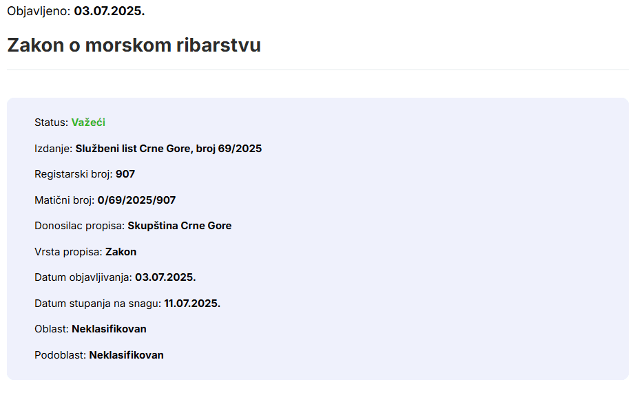 Aktuelni zakon o morskom ribarstvu  - zakon o sportsko‑rekreativnom ribolovu na moru (2025) 