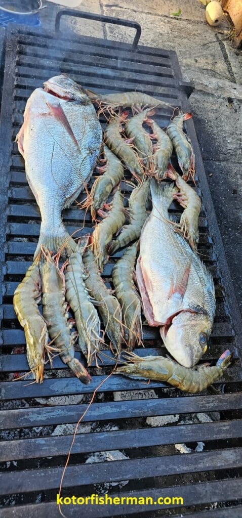 Freshly caught sea bream and prawns on the grill – traditional Mediterranean seafood.