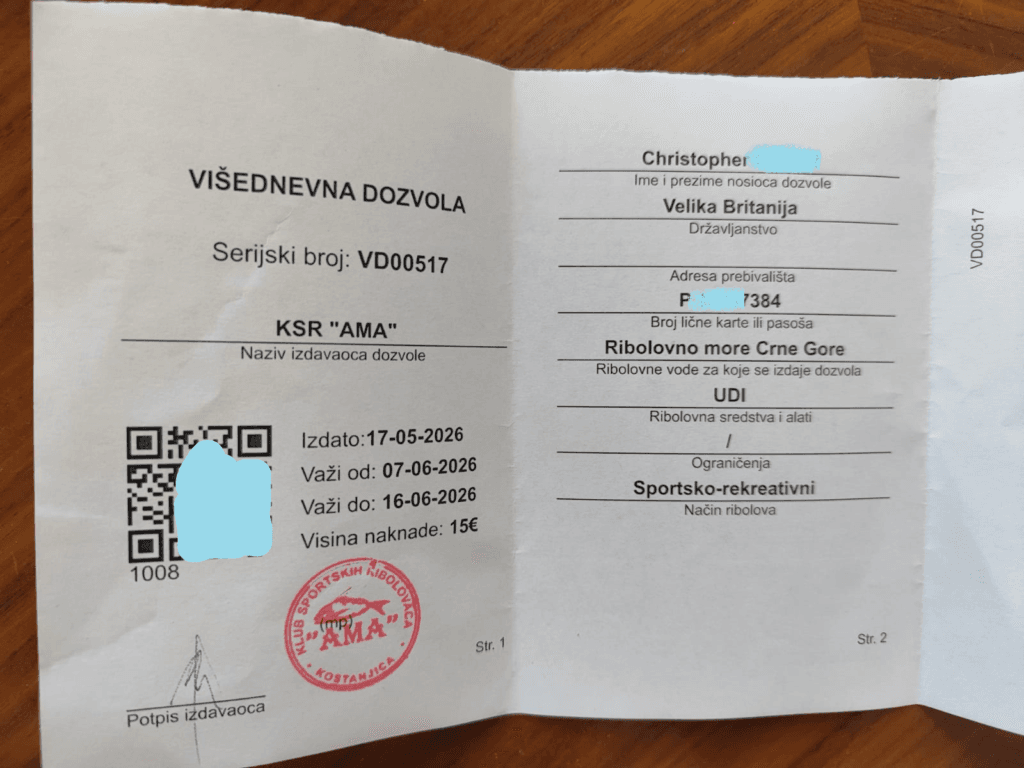 Montenegro online fishing licence - Multi-day fishing licence